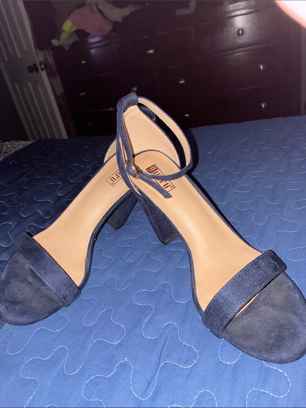 Classic Ankle-Strap Block Heel Sandals - Navy, suede.
